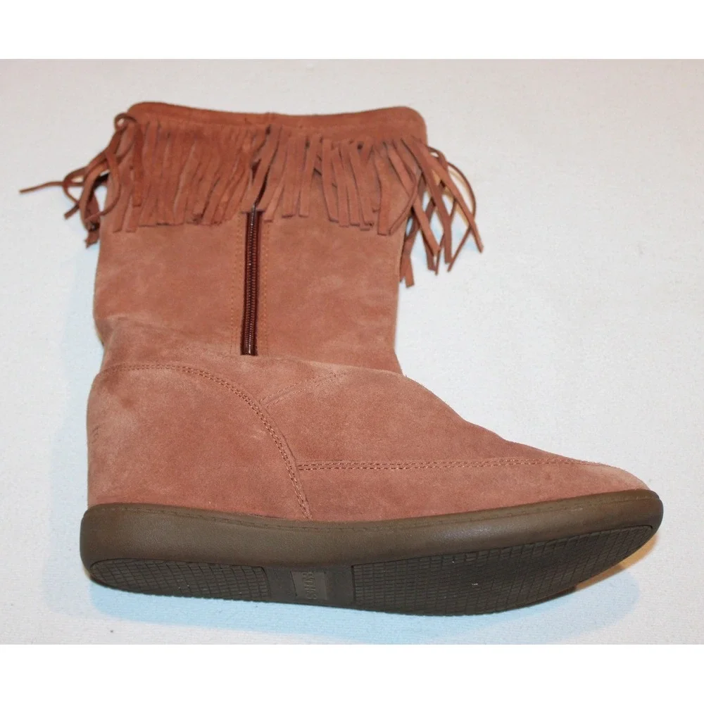 women's Skechers SKCH+3 hidden wedge suede boots Sz 10 rust fringe 48091